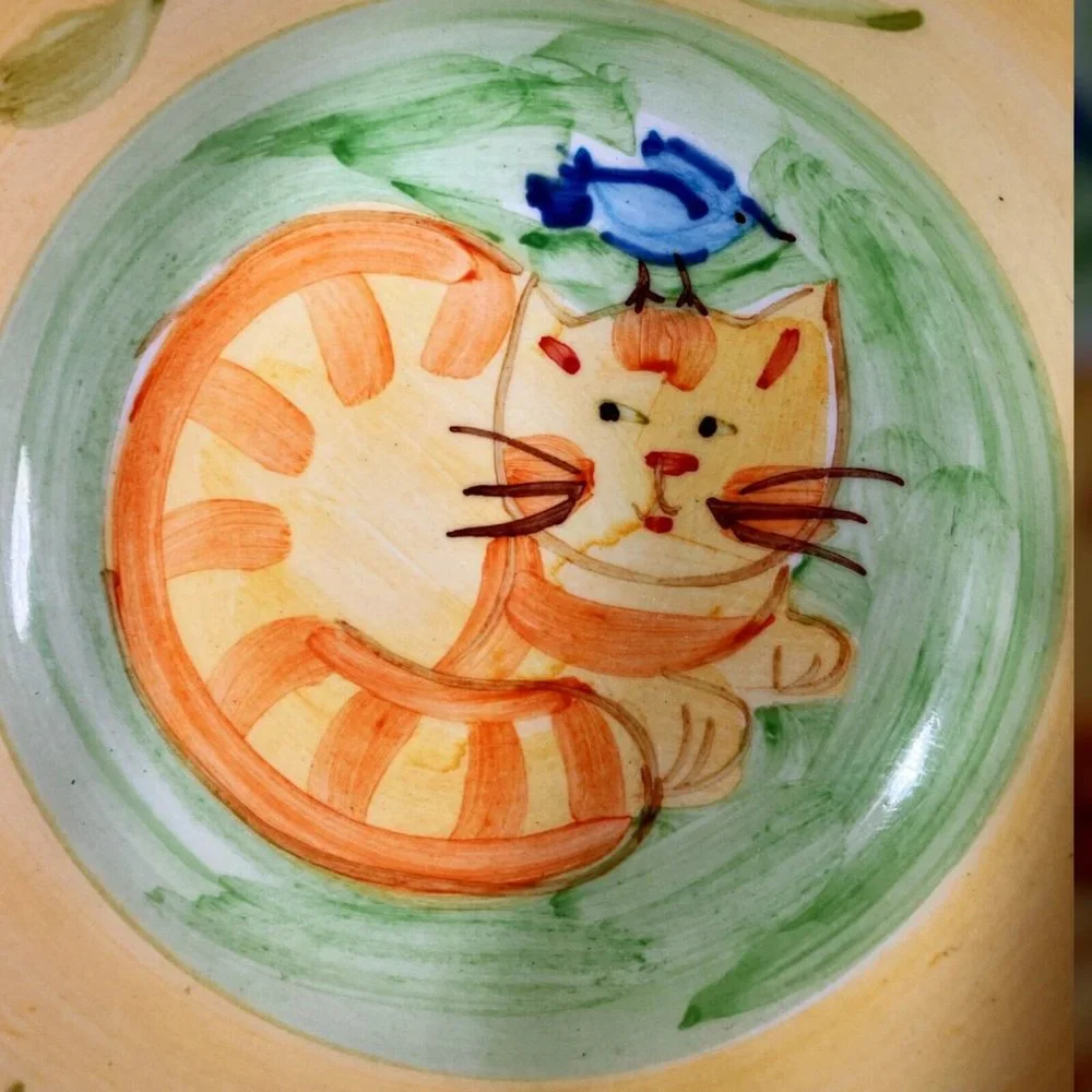 VTG Ceramic Kitty Cat Feeding Bowl/Dish Hand Painted Tabby & Bird Super Cute